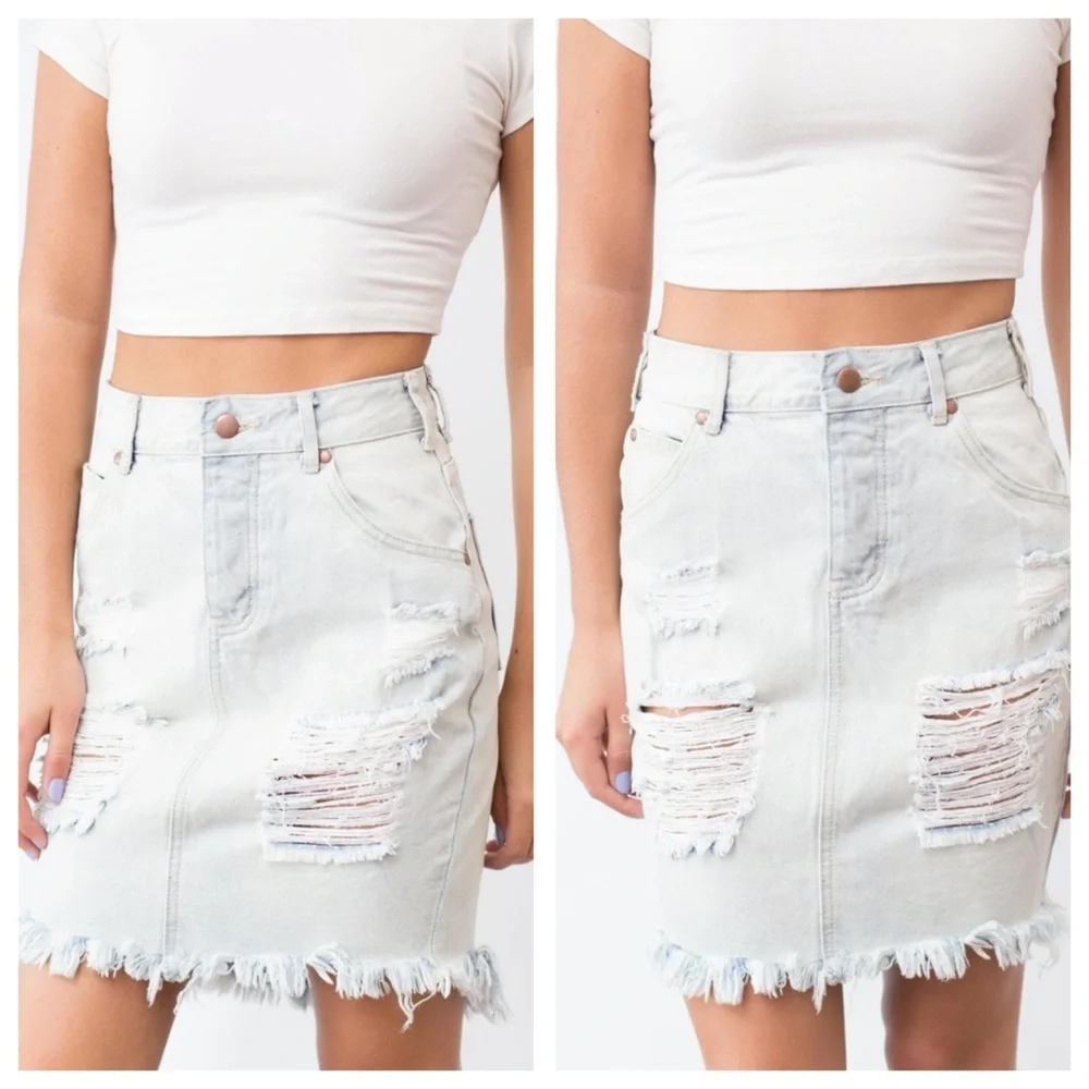 Lira Distressed High Rise Denim Pencil Skirt NWT - Picture 1 of 6